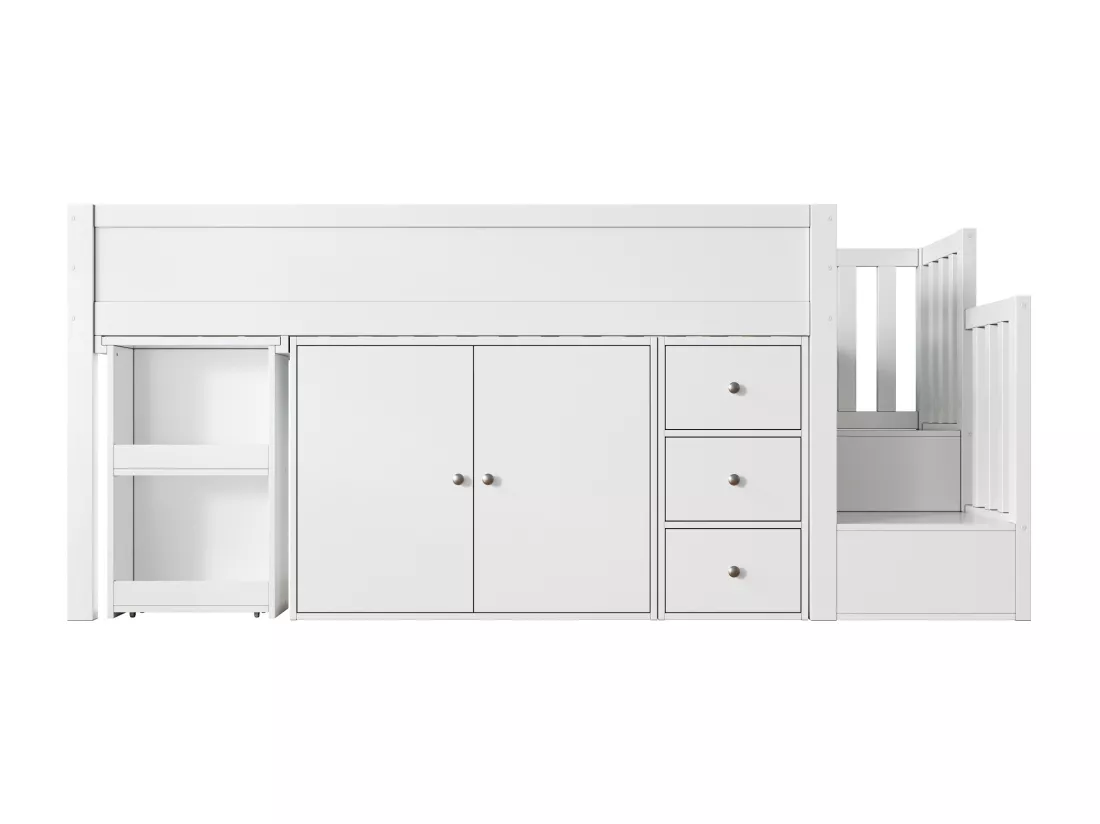 Lit mezzanine pour enfant 90x200cm- avec bureau coulissant + rangement latéral - avec armoire - avec escalier - Blanc