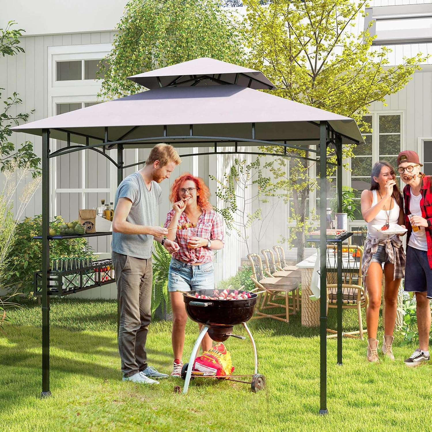 COSTWAY Grillpavillon mit Doppeldach, Seitenregalen, Metallkorb, Haken und Flaschenöffner, Grillüberdachungen wetterfest, Grillunterstand für Garten, Außenbereich, 242 x 153 x 250 cm (Grau)