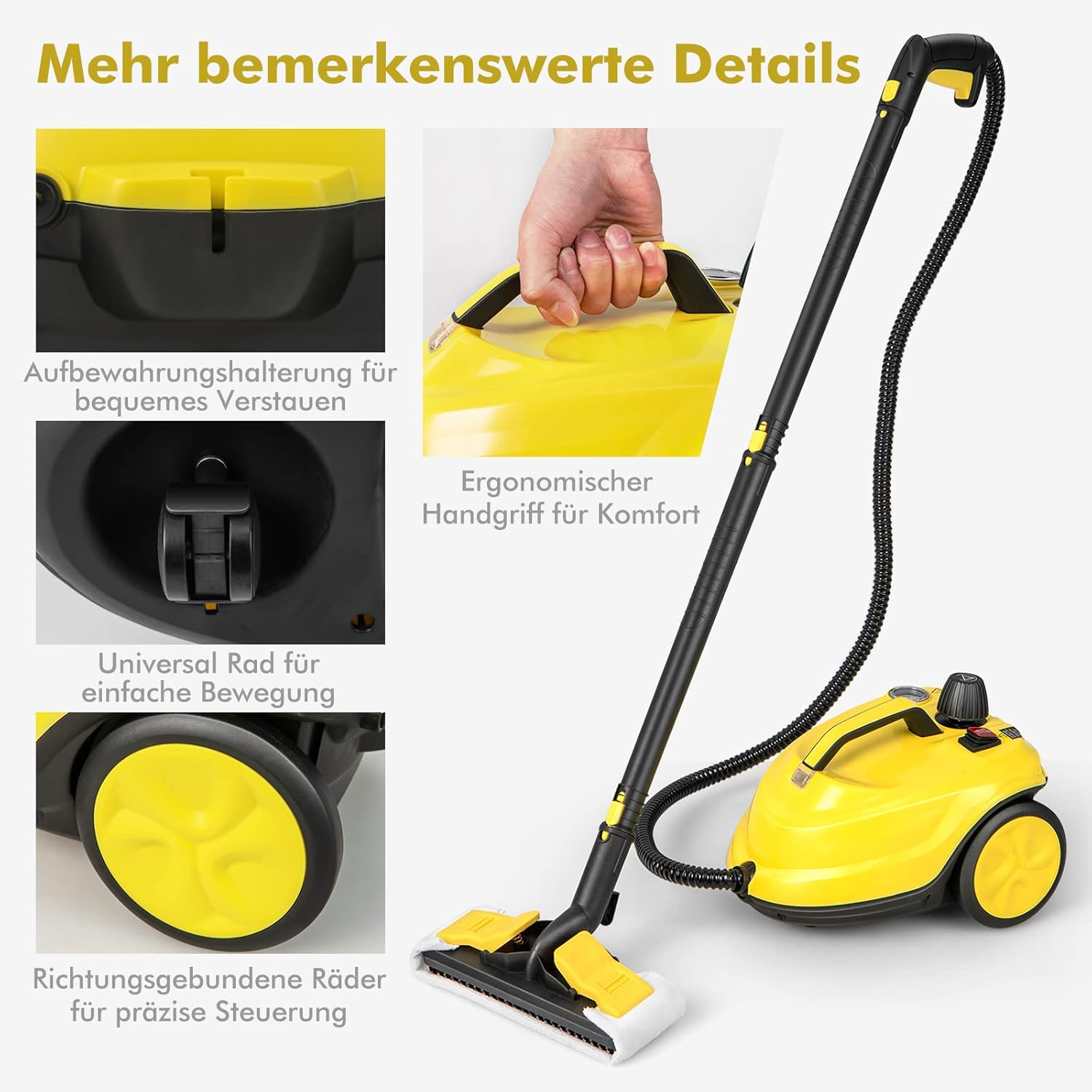 COSTWAY Dampfreiniger 2000W, Dampfdruck: max. 5 bar, Temperatur bis zu 160℃, Flächenleistung: 108 m², 1,8L Tank, Aufheizzeit: 8 Min., Dampfgeräte inkl. 13 Zubehör & 5m lange Netzkabel (Gelb)