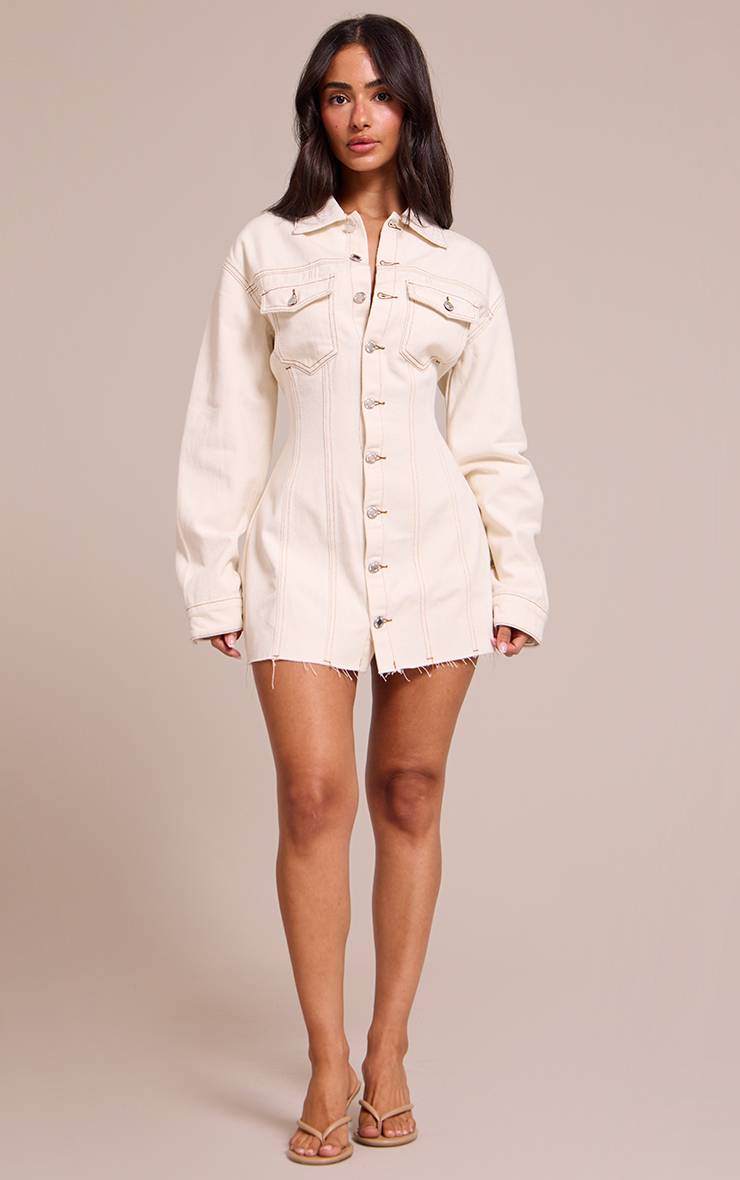 Ecru Robe Mini Ajustée En Denim À Manches Longues Petite Taille