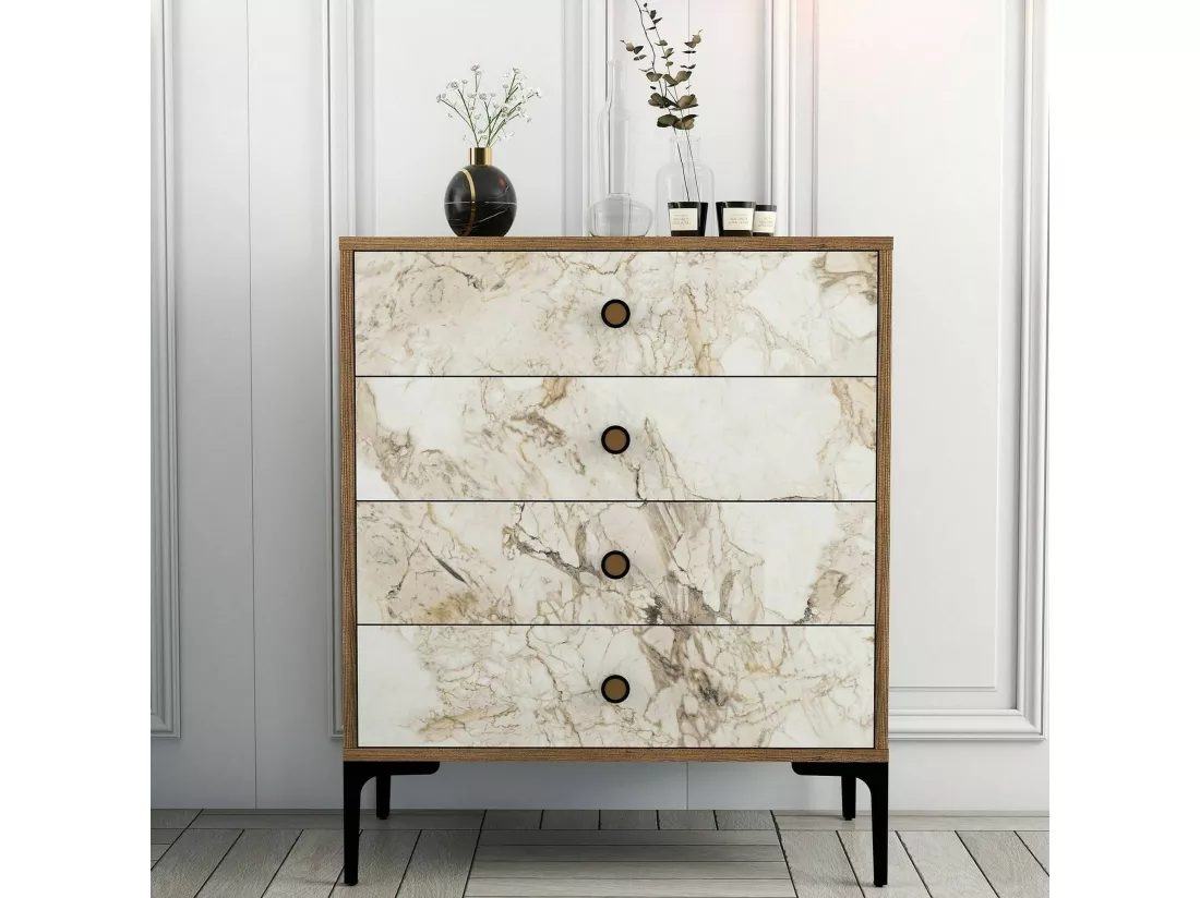 Commode Aether, Commode polyvalente, Commode de chambre, Meuble avec tiroirs, 76x40h91 cm, Noyer et Marbre Blanc