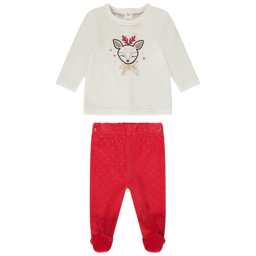 Pyjama 2 pièces en velours biche de Noël pour bébé fille - Ecru