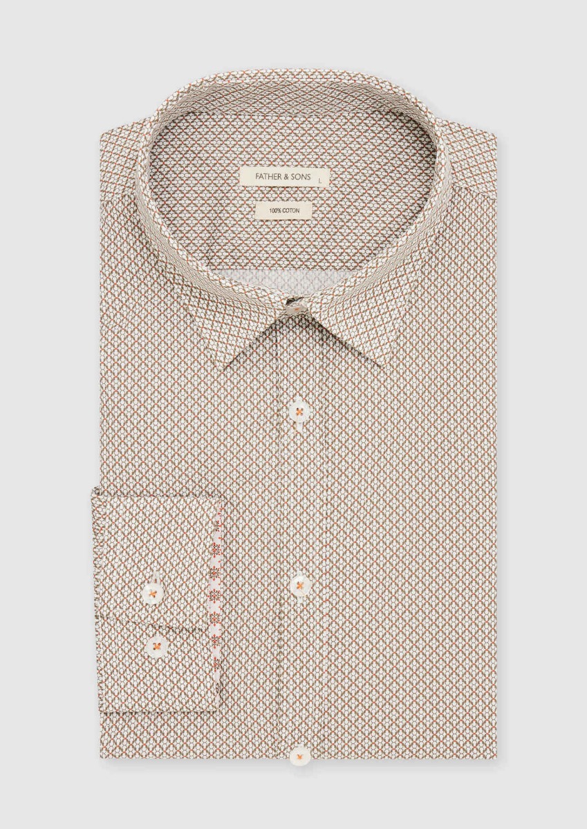 Chemise sport Slim en popeline de coton blanc à motif fantaisie marron