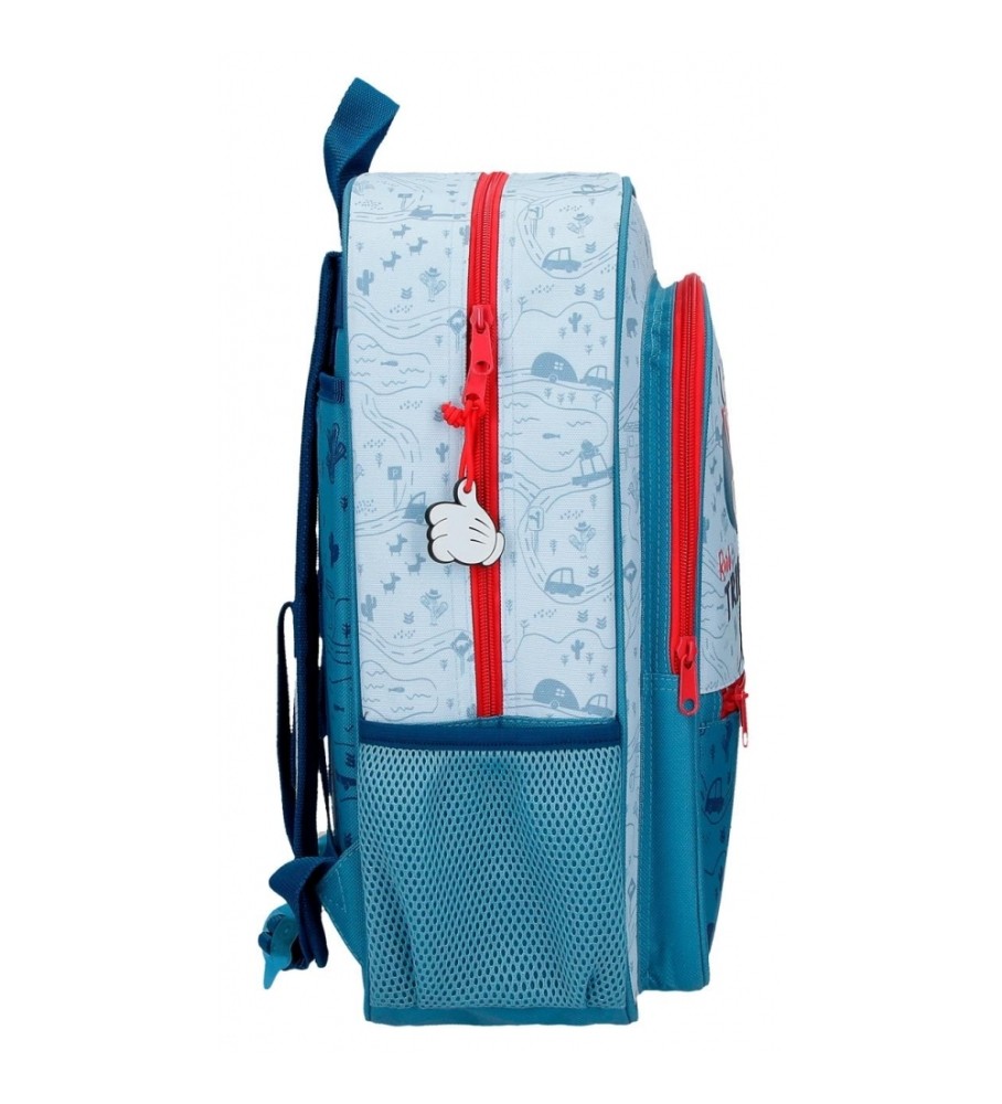 Mochila escolar Disney Mickey Road Trip 38cm adaptável para carro azul