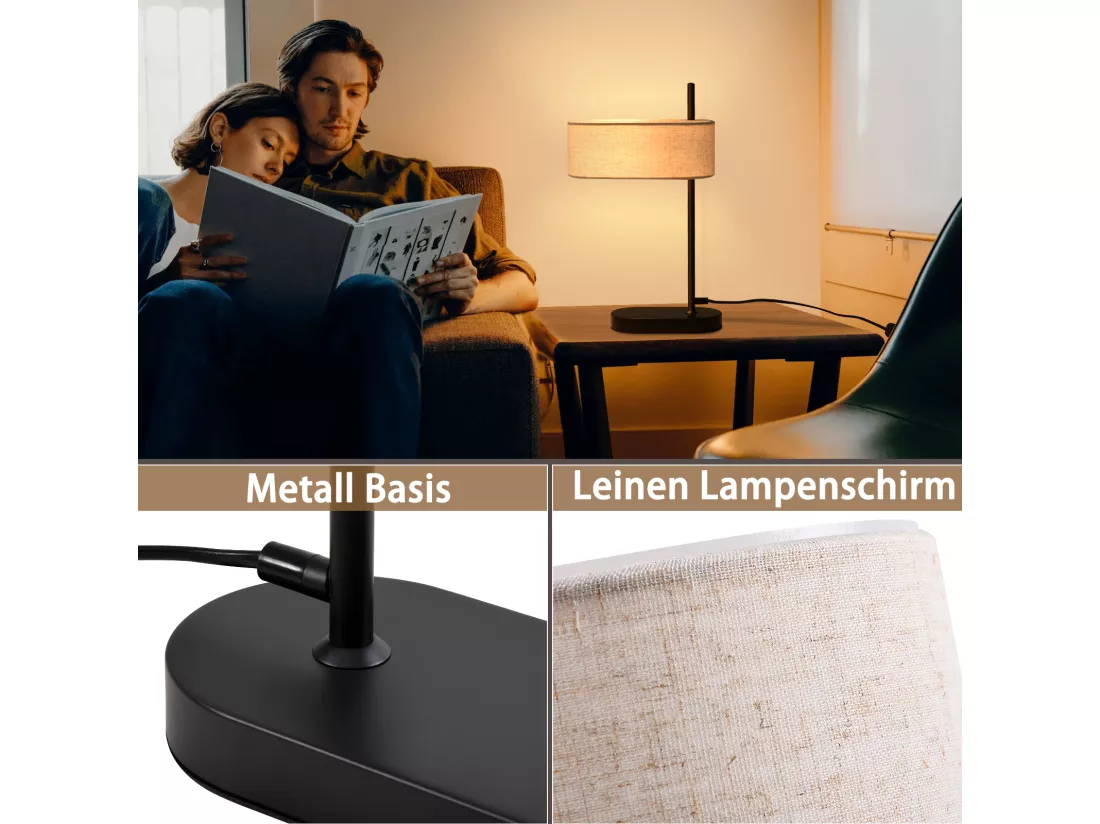 NETTLIFE Lampe de chevet chambre lampe de table vintage - 44,5cm E14 lin noir avec interrupteur rétro