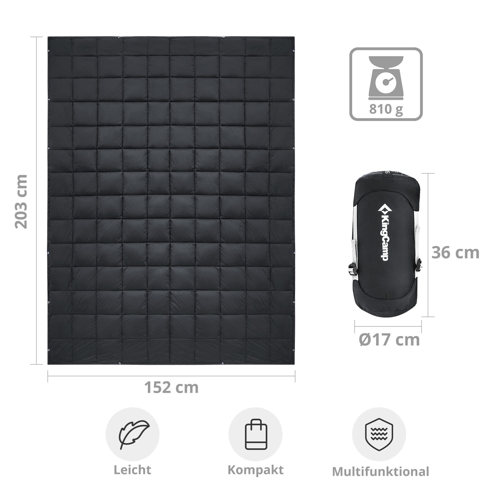 KINGCAMP Camping Decke Smart 800 Picknick Strand Matte Park Decke Leicht 810 g Farbe: black