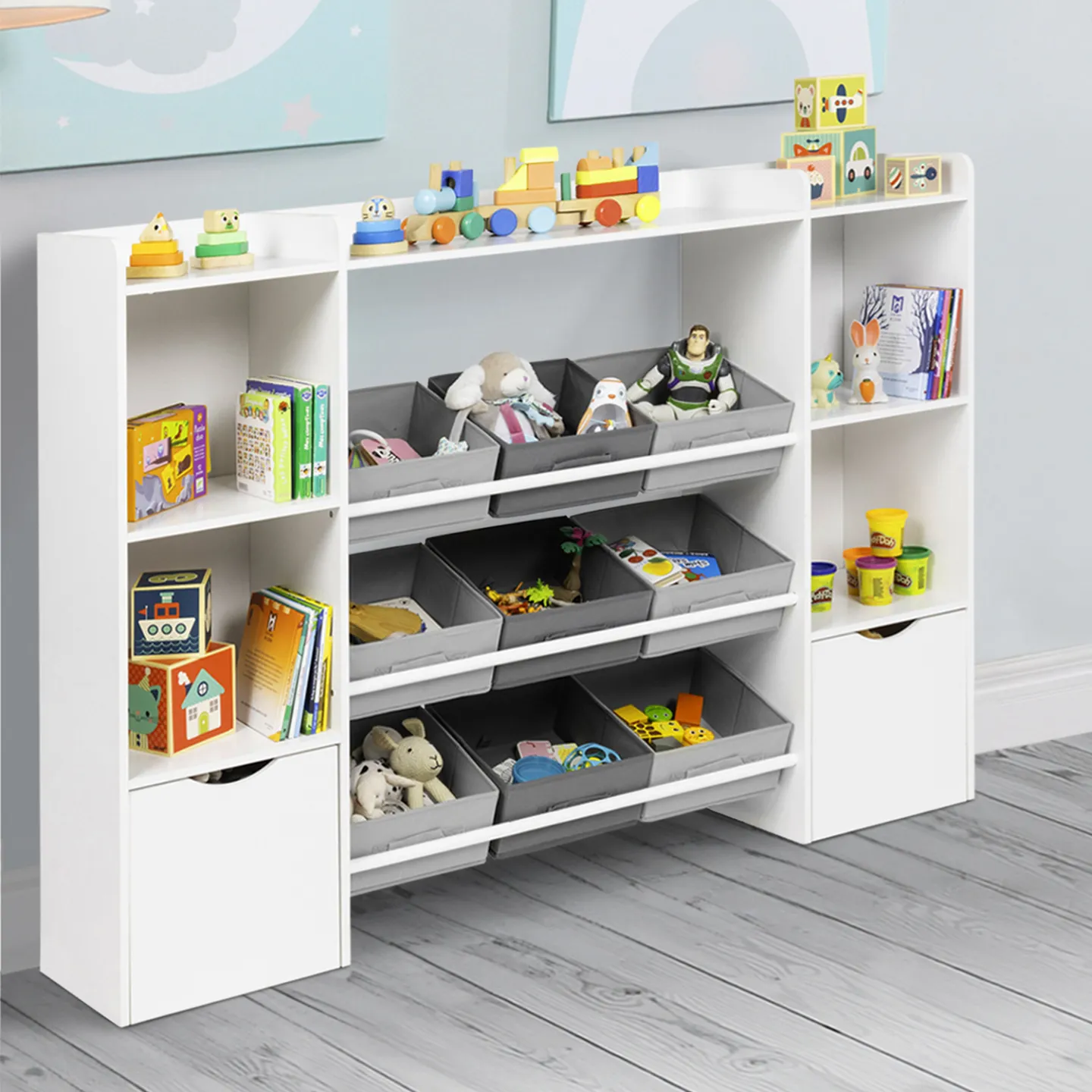 Meuble de rangement enfant MANA 7 étagères, 6 bacs en tissu et 2 cubes sur roulettes blanc