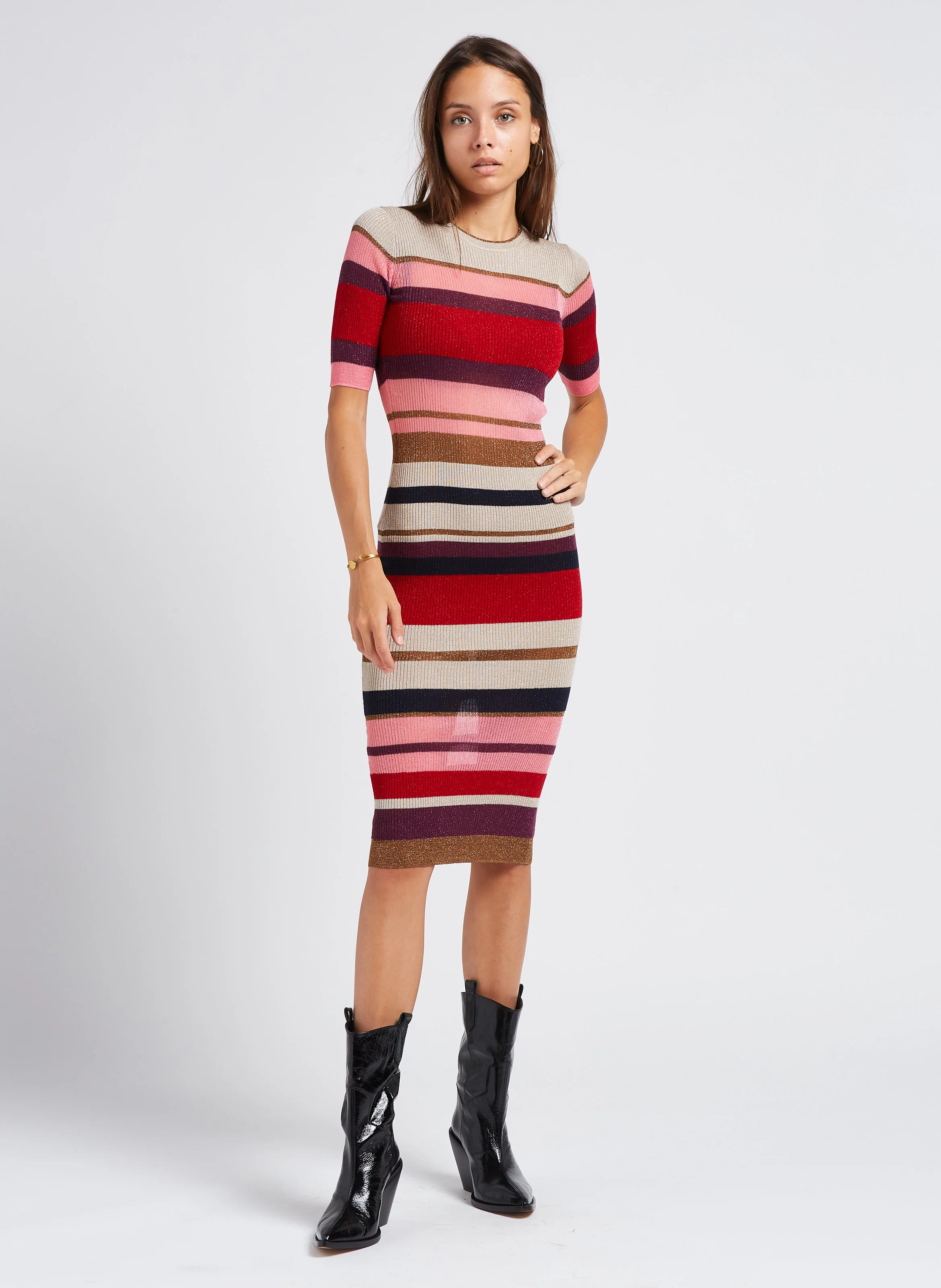 Robe midi col rond rayée en laine| Multicolore