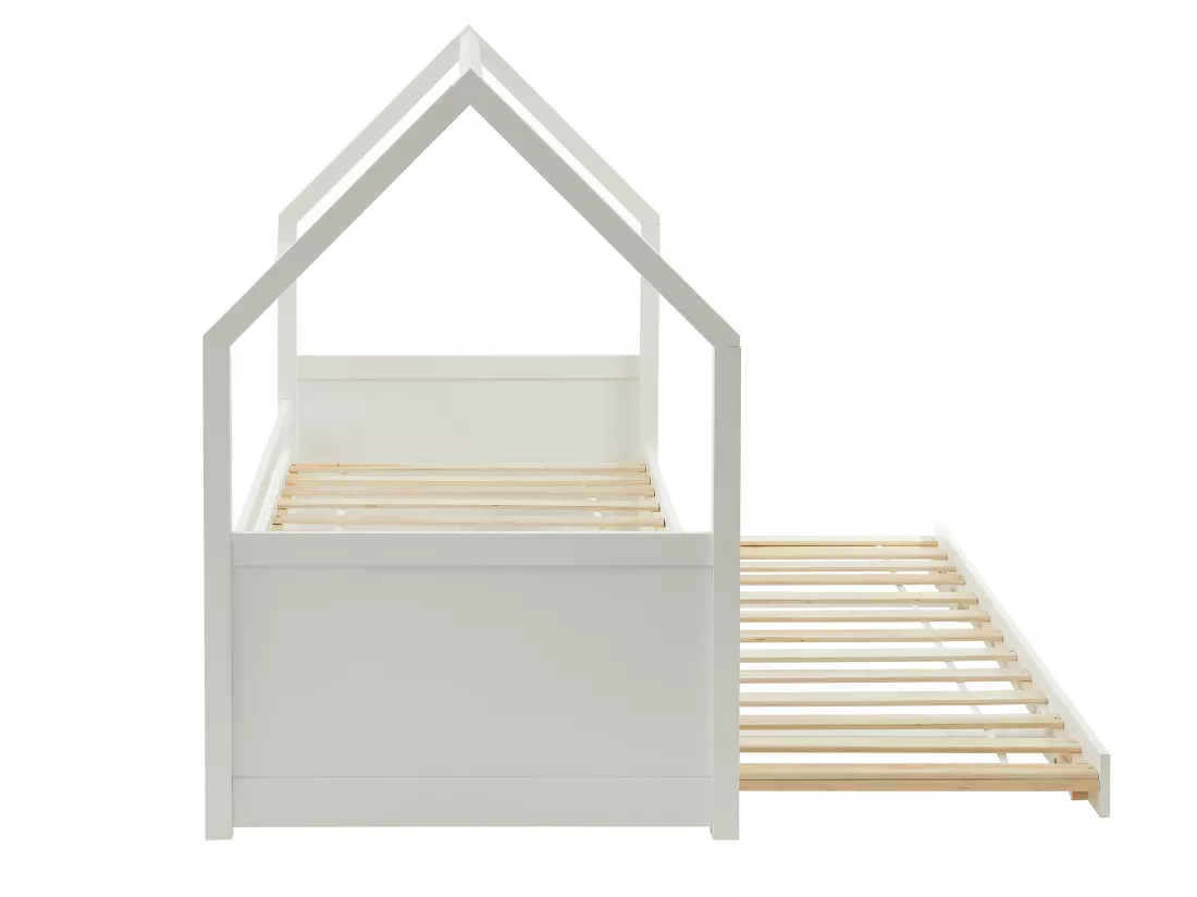 Lit gigogne cabane 2 x 90 x 190 cm - Pin - Blanc + Matelas - HURRA