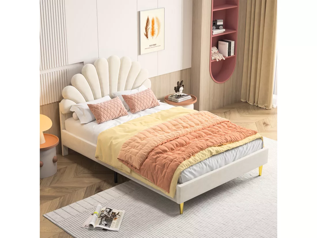 Lit double rembourré en velours - 140x200cm - tête de lit en forme de fleur - avec sommier à lattes - Beige