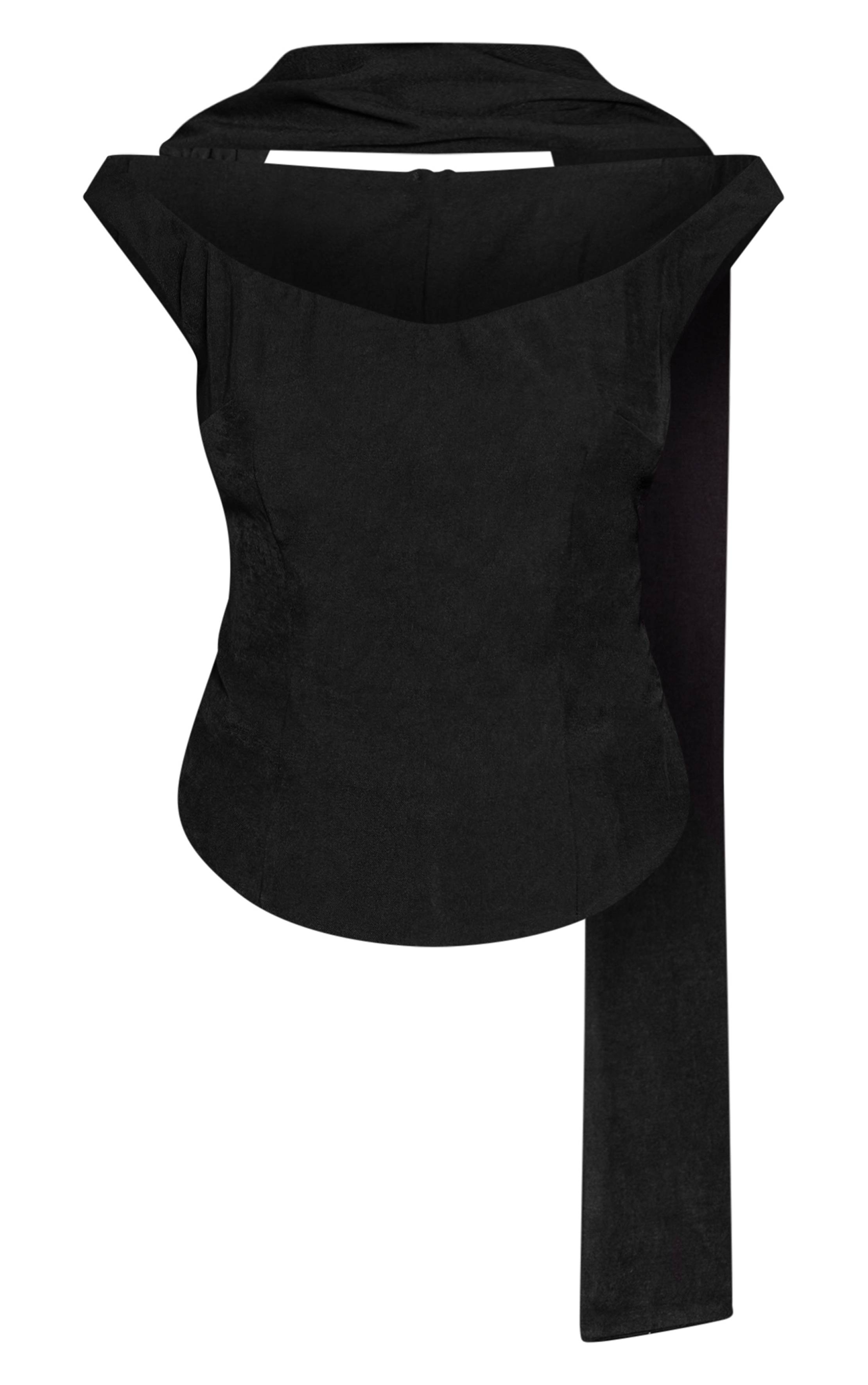 Noir Haut Tissé À Encolure Bardot Avec Foulard Et Ourlet Arrondi