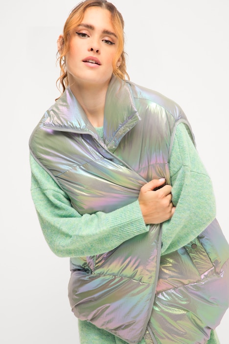 Steppweste, oversized, Holografic-Look, Stehkragen, Zipper