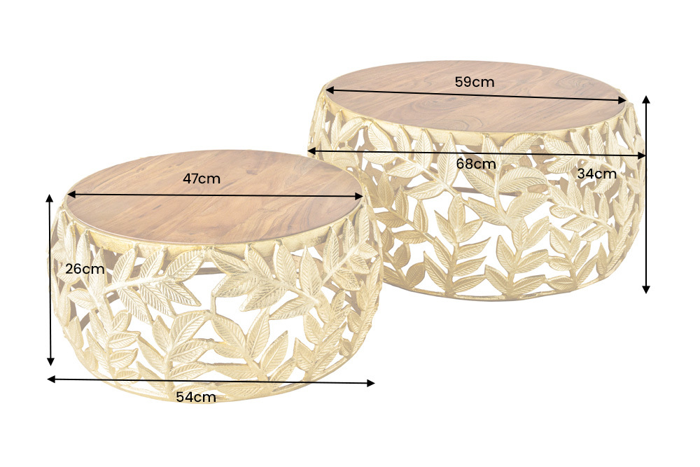 Rundes 2er Set Couchtische ABSTRACT LEAF 70cm natur gold Massivholz Akazie Metall Blatt-Design