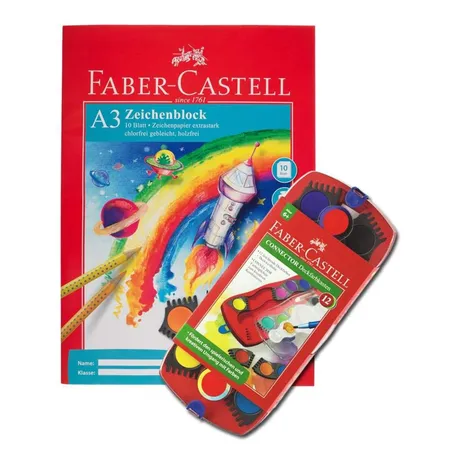 Faber-Castell CONNECTOR Deckfarbkasten 12 Farben + Zeichenblock A3, 10 Blatt, 100g/m²