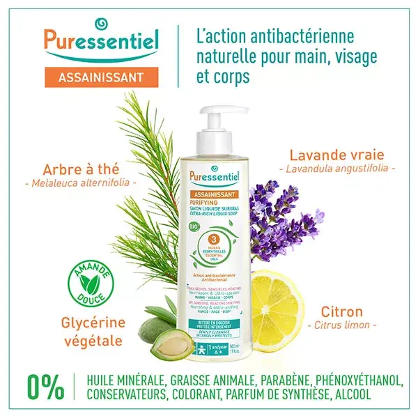 Sabonete Líquido Higienizante Puressentiel com 3 Óleos Essenciais Orgânicos 500ml