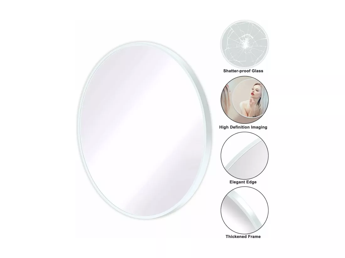 Miroir Rond Mural,60x60cm Miroir HD Moderne en Cadre pour décorer, Salle de Bain, Salon Chambre, Blanc