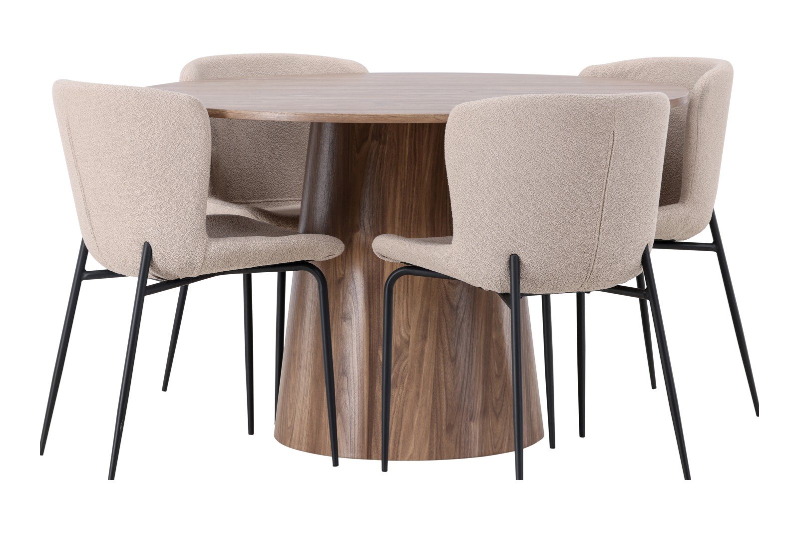 Lanzo og Modesto Spisegruppe Lanzo rundt spisebord ø120cm i natur med 4 stk. Modesto spisestoler i Beige Bouclé og sorte ben.