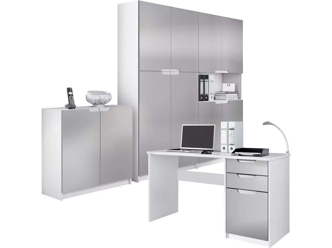 Ensemble de Meubles de Bureau Corps en Blanc Mat Façades en Gris Clair satiné Mat