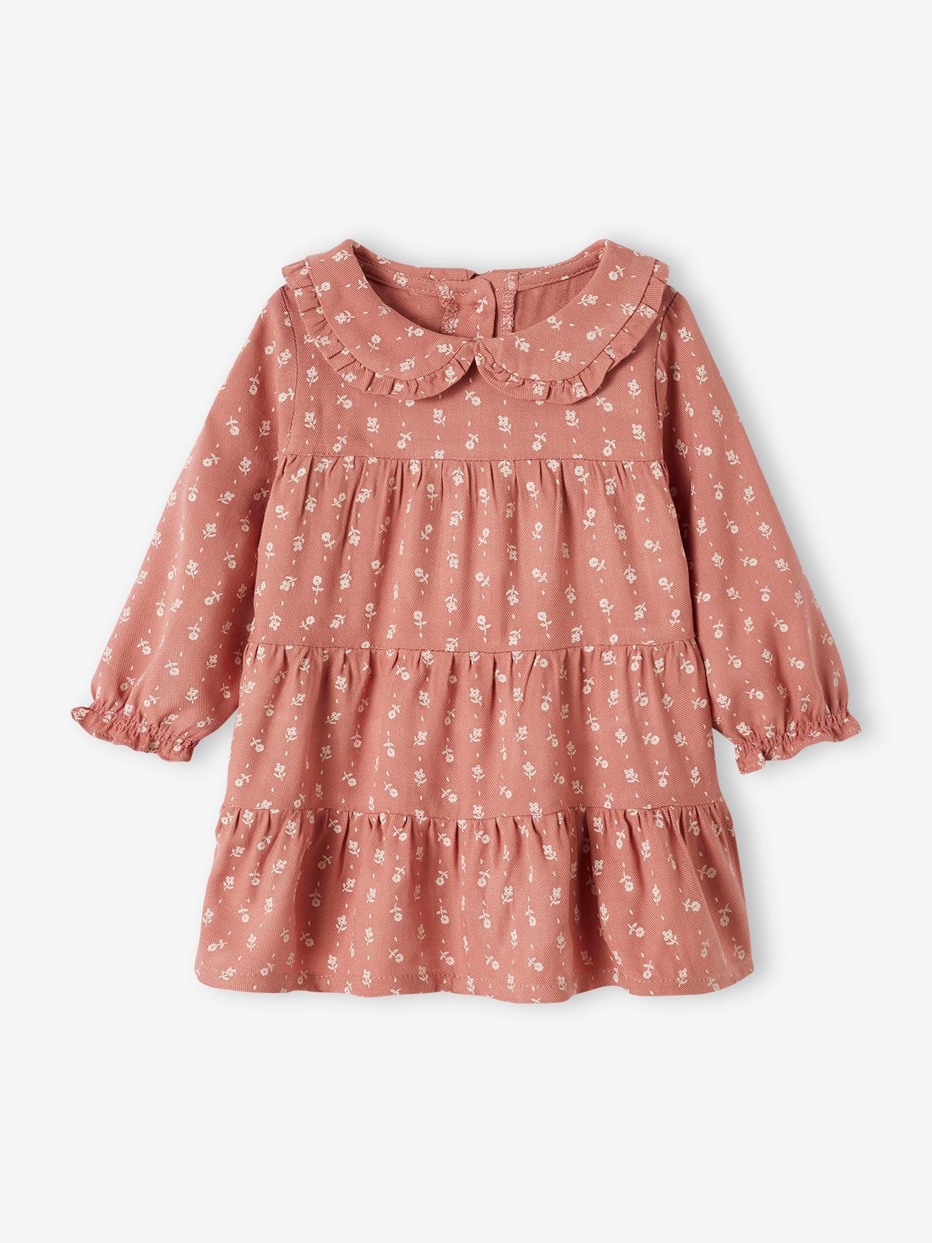 Vestido fluido com babados para bebê na cor rosa antigo