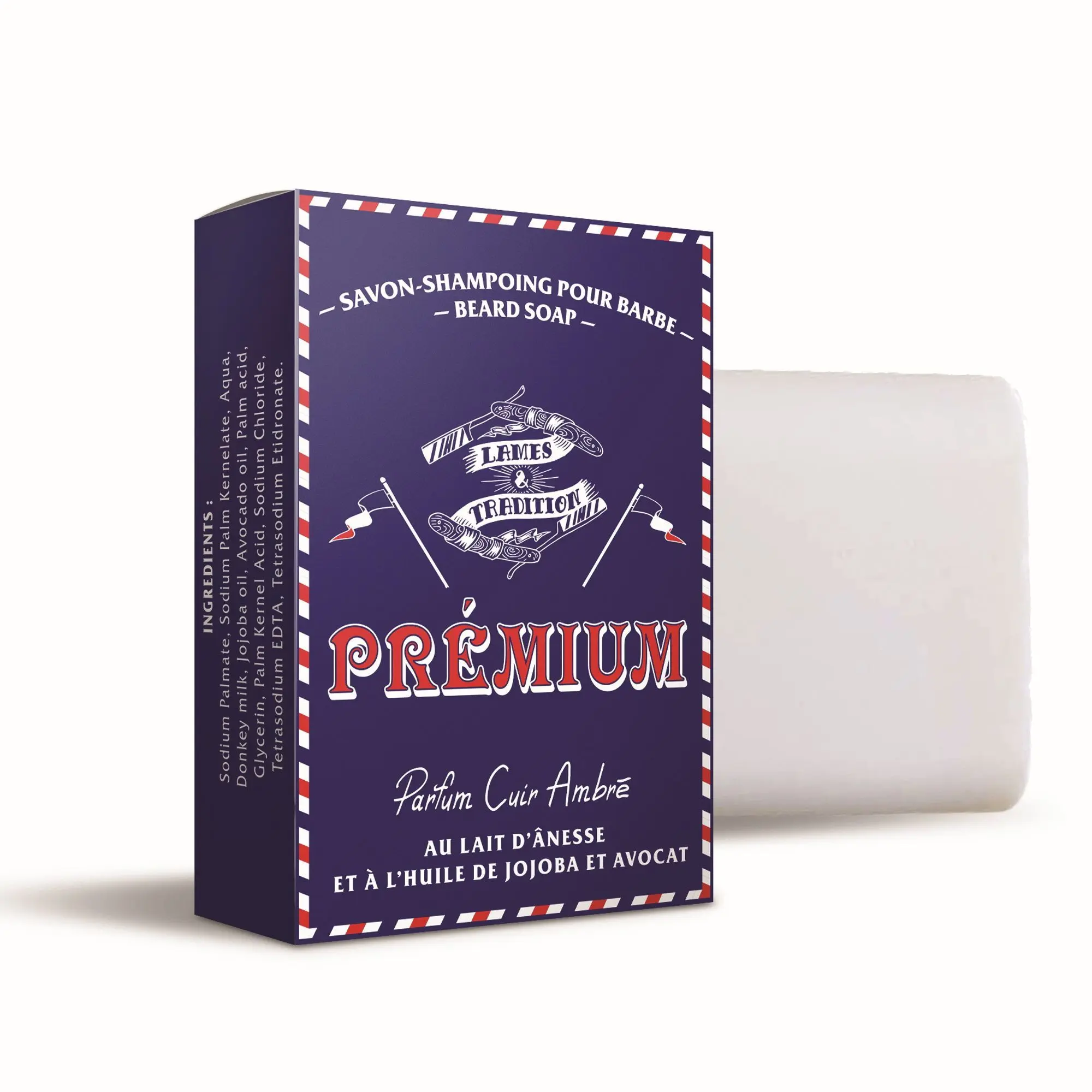Lames et Tradition - Savon à barbe Premium Savon solide 100 g - Parfum Cuir Ambré- Set / Coffret