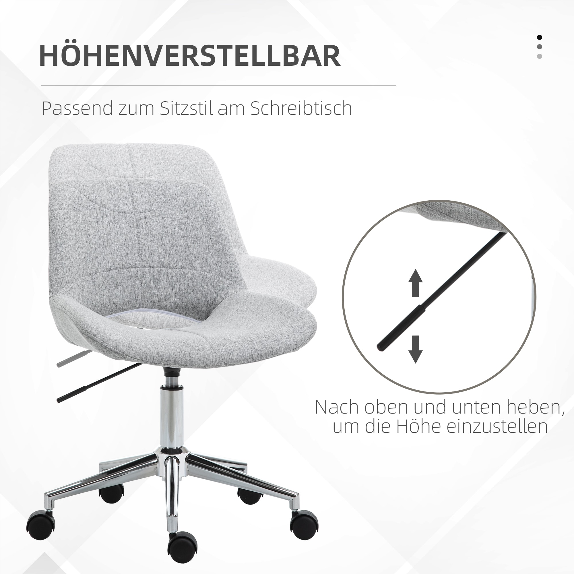 HOMCOM Höhenverstellbarer Bürostuhl mit Metallfuß und Rollen grau 49L x 56,5B x 73-82,5Hcm