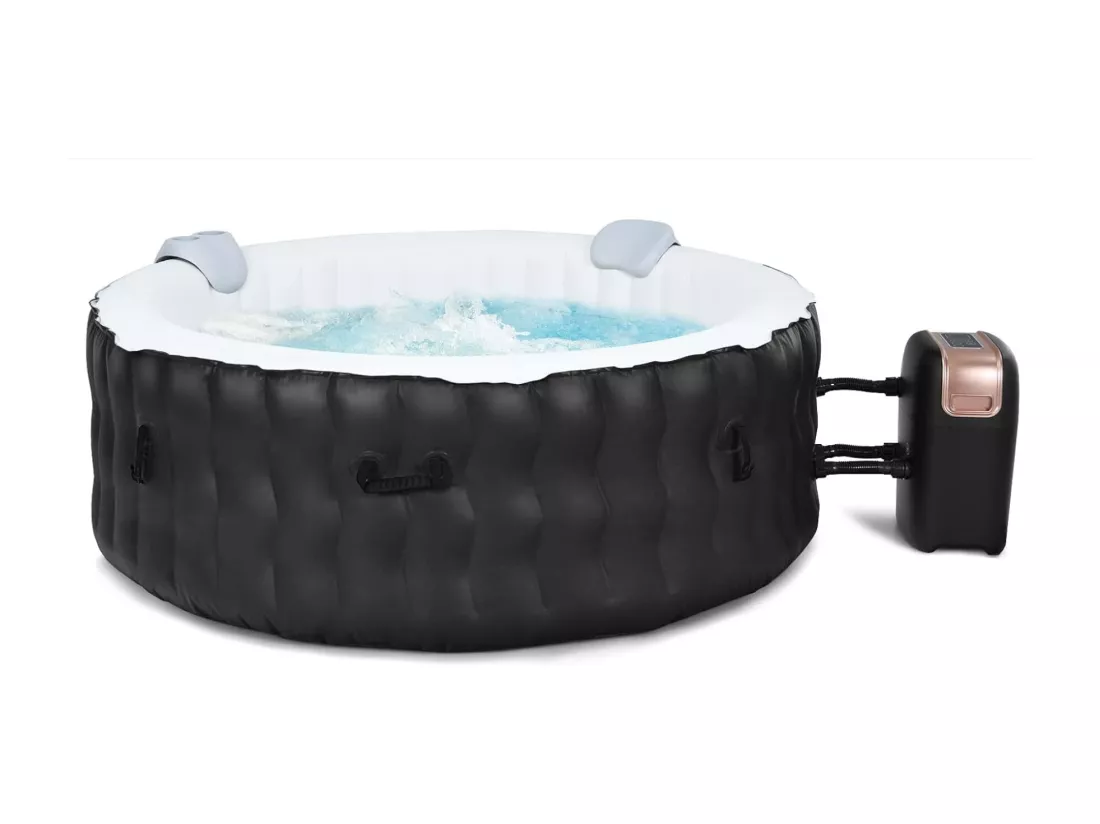 Spa Gonflable, 2 à 4 Personnes, 180 x 68 CM, Spa Rond Portable avec 108 Jets de Massage, Filtration à Cartouche et Bâche de Protection pour Le Spa, Noir (avec Appui-tête et Porte-gobelet)