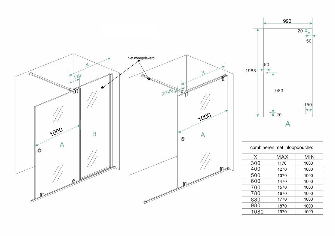 Mueller inloopdouche schuifdeur op rail 100x200cm