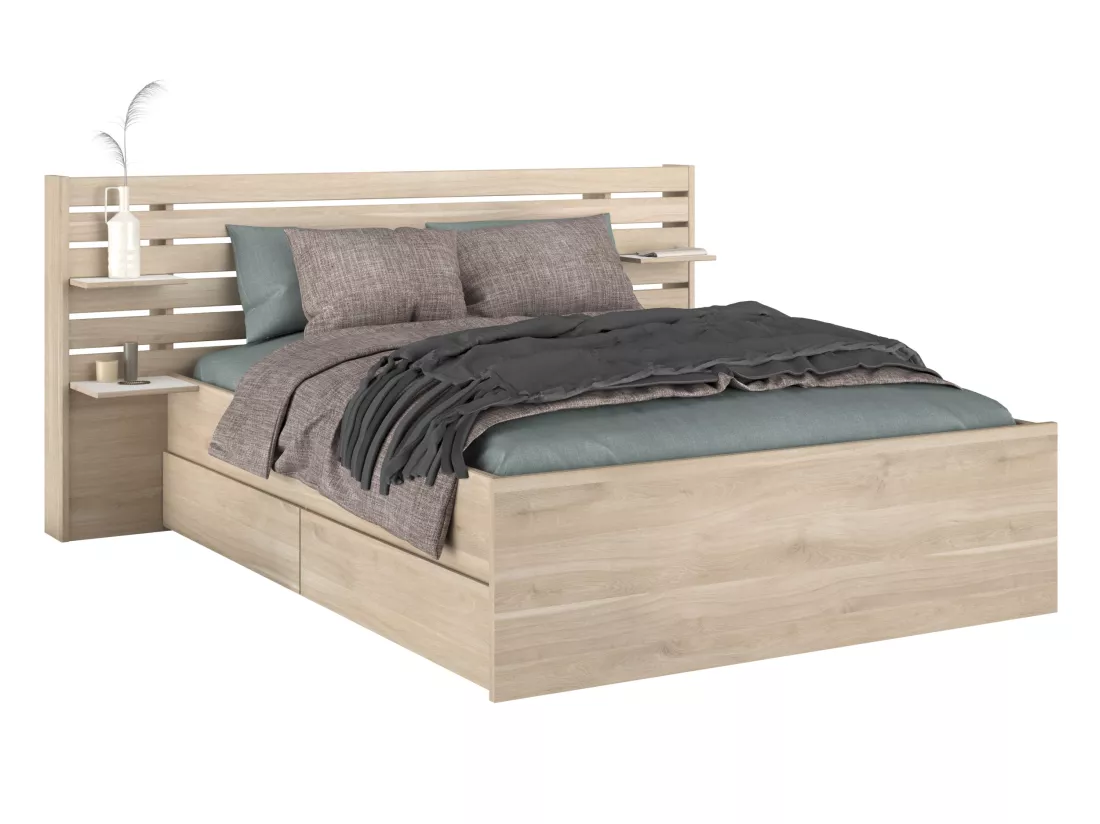 Lit 140 x 190/200 cm avec rangements - Coloris : Naturel + Sommier - TENALIA II