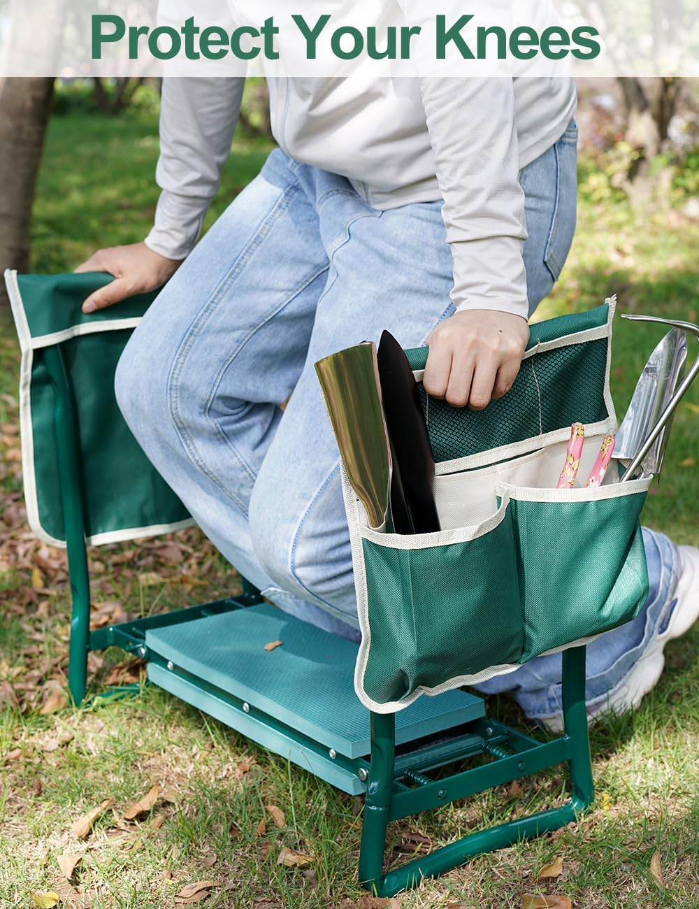 (61x50cm) Garten Bank Klappbarer Gartenarbeit Outdoor Hocker Kniebank mit Werkzeug Organizer Tasche - Grün