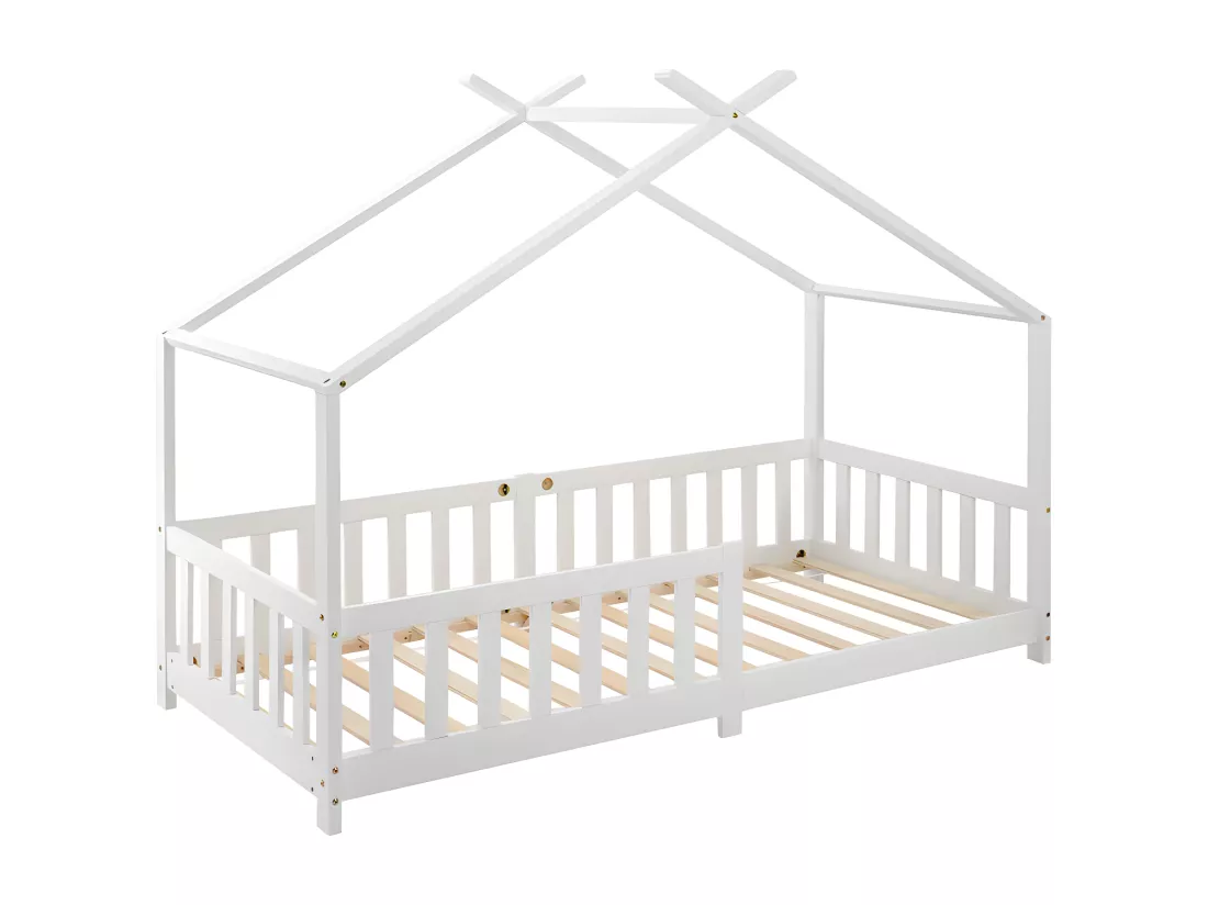 Lit cabane lit enfant 90x200cm en bois massif avec protection antichute et sommier à lattes - Blanc
