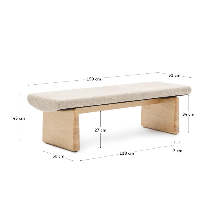 Kave Home Topaz bankje licht essenhout, beige chenille