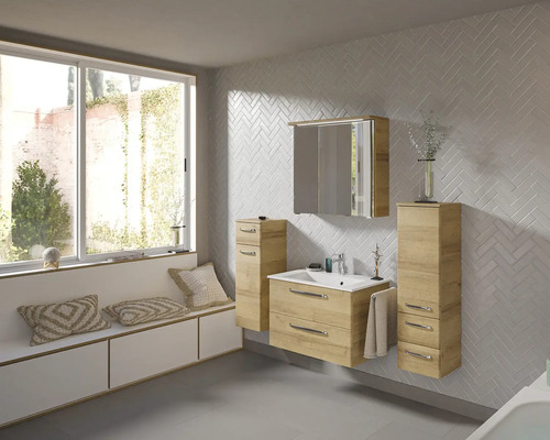 Pelipal Kumba badkamermeubelset (B x H x D): 137 x 200 x 50 cm, frontkleur: Riviera eiken, 5-delige set inclusief witte mineraalstenen wastafel, halfhoge kast en onderkast (99.770121472)