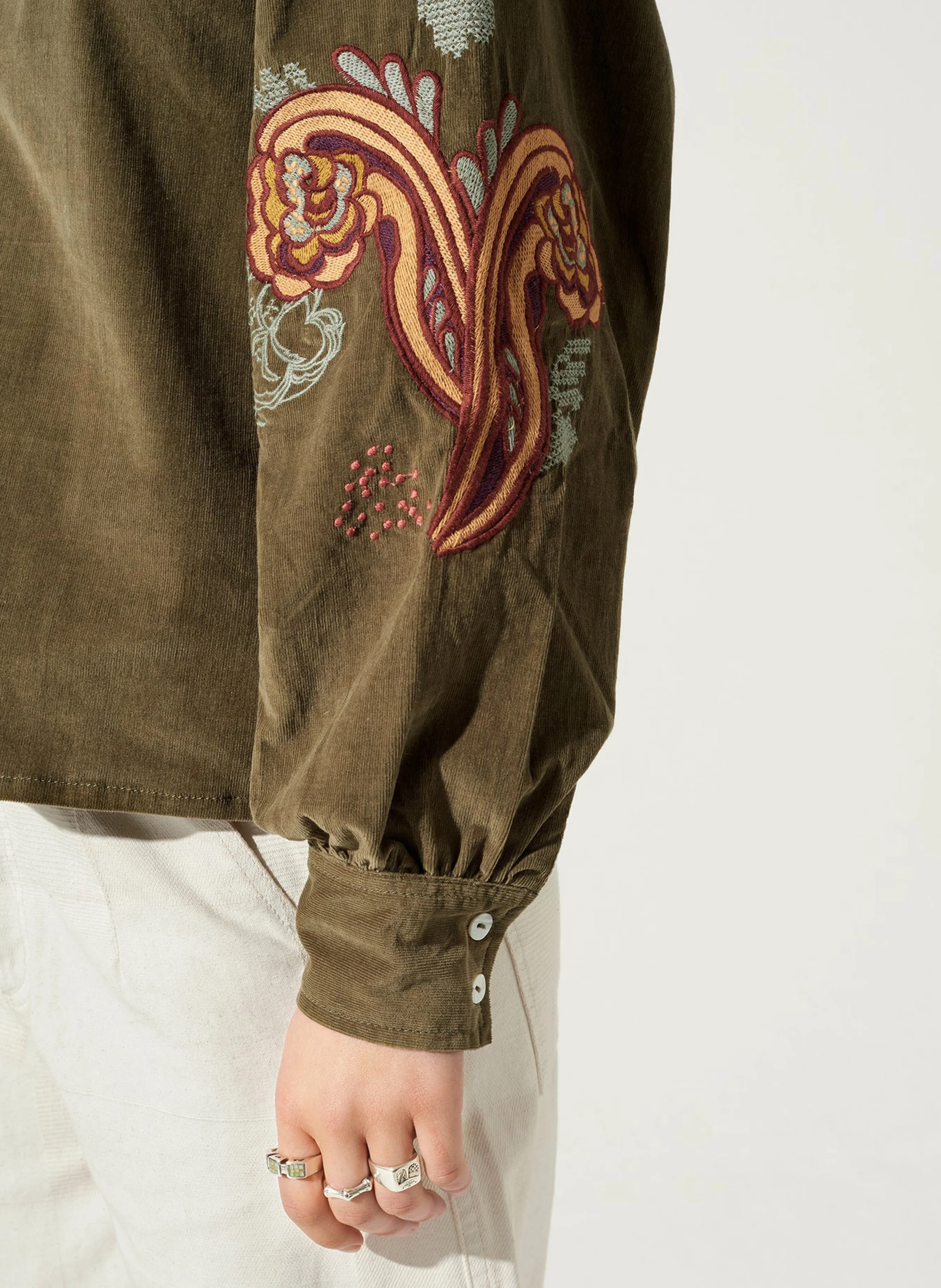 Chemise droite brodée en coton mélangé | Kaki