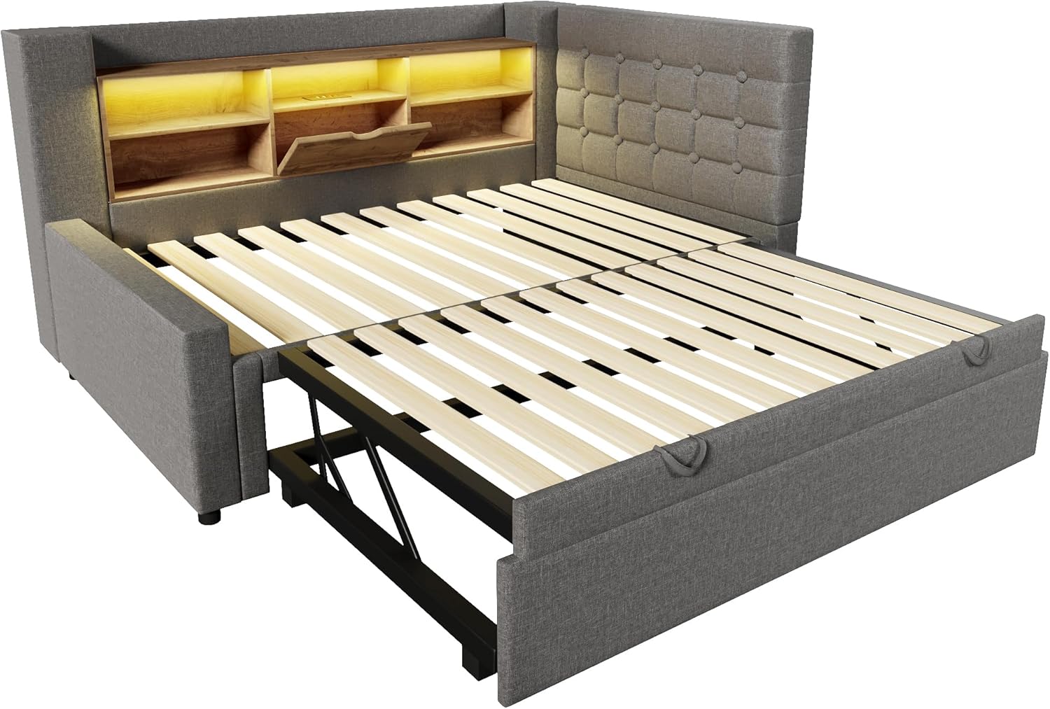 Polsterbett Bett mit LED-Beleuchtung 90x200cm, Mit Ausziehbett 90x190cm, Struraumbett, L-förmigem Kopfteil mit Stauraum, beidseitig montierbar, Lattenrost, Leinen (Grau-A)