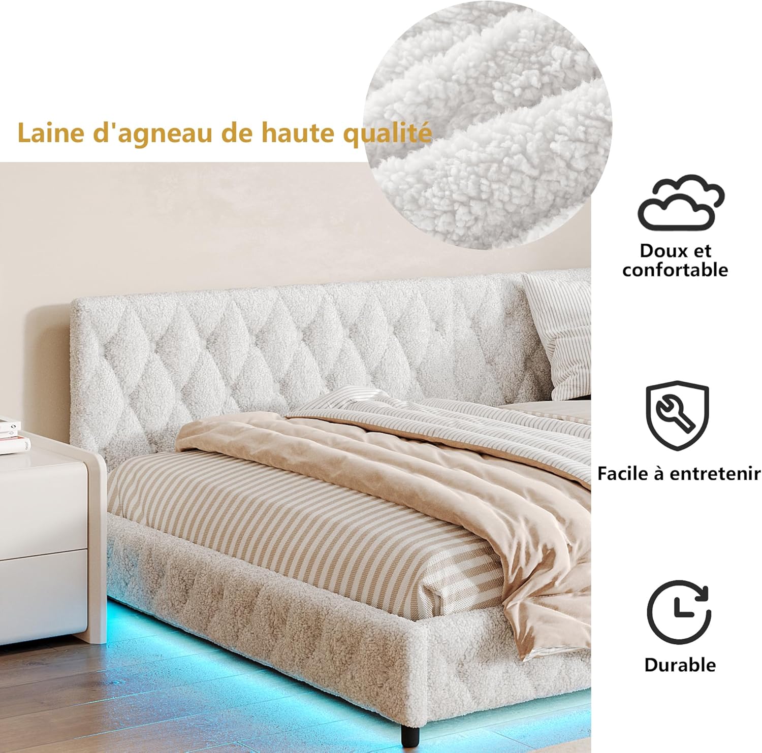 Polsterbett Schlafsofa 140x200 cm, Tagesbett 140x200, L Form Daybett, Jugendbett mit LED und USB, Doppelbett mit Lattenrost, Teddy-Samt, Ohne Matratze (Weiß)