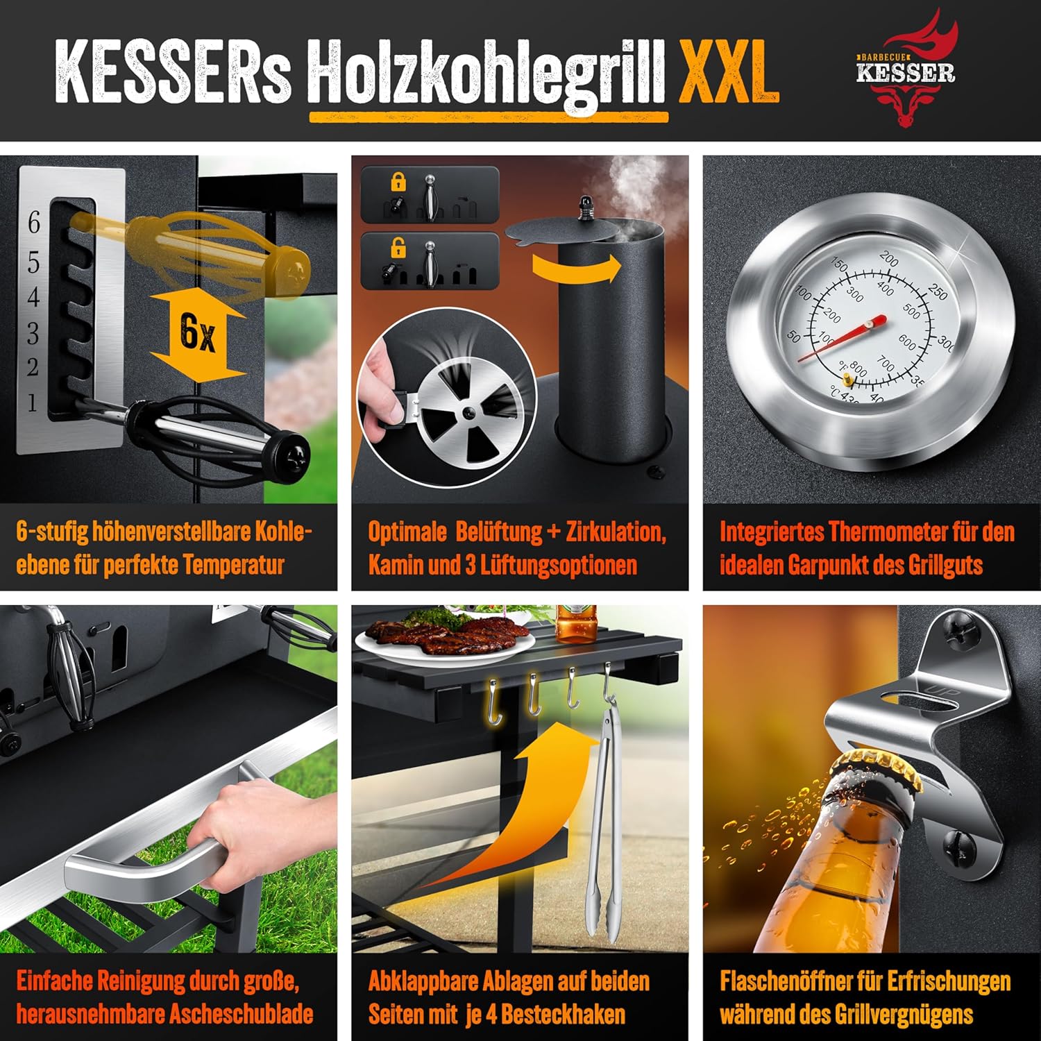 KESSER® Chariot à Barbecue | Grill XL à Charbon de Bois avec Couvercle, Roues, poignée en Acier Inoxydable, Grille et thermomètre | Grand Barbecue au Charbon de Bois