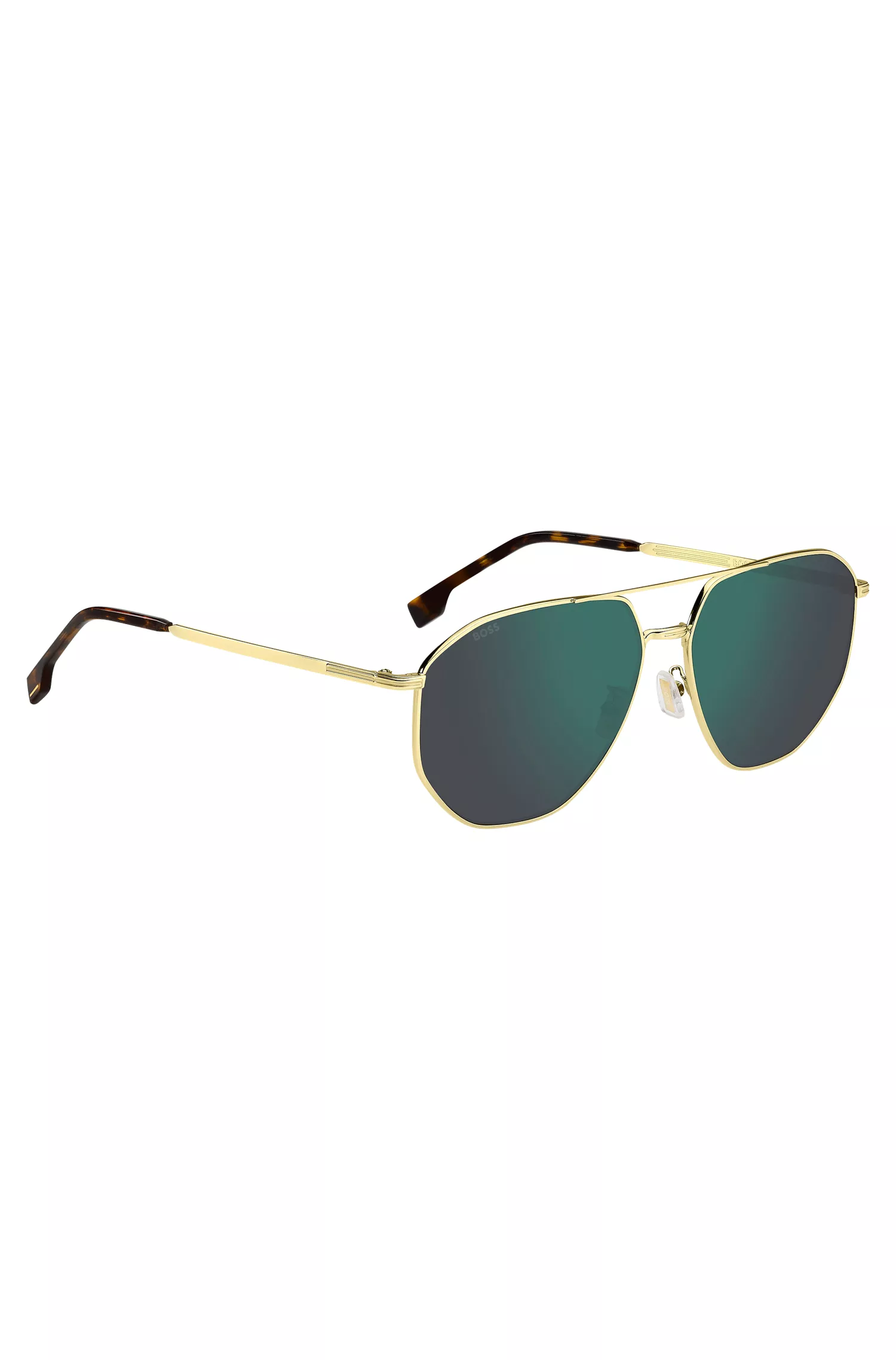 Óculos de sol BOSS em tons de preto e dourado com lentes verdes.
