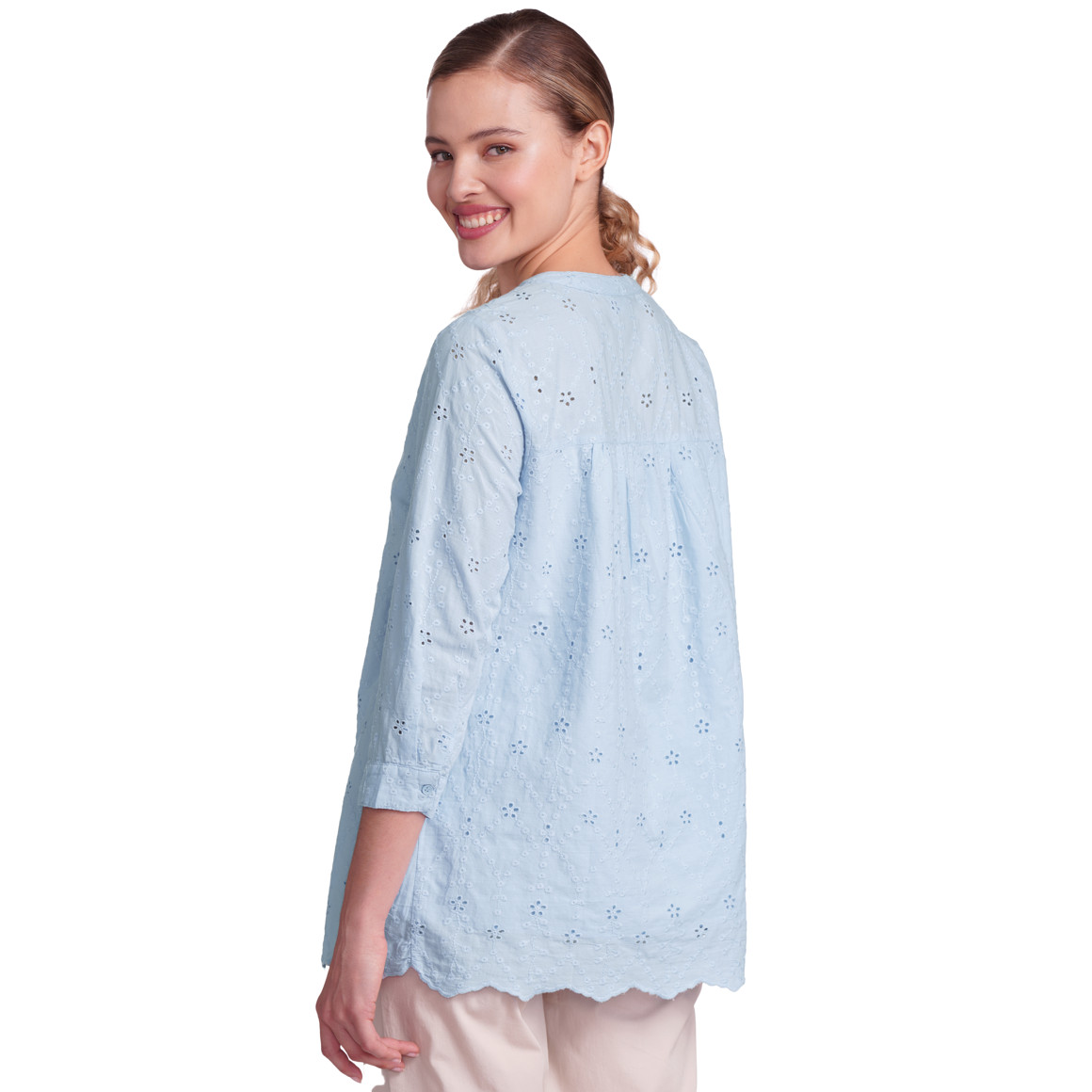 Gina Damen Bluse mit Lochstickerei hellblau