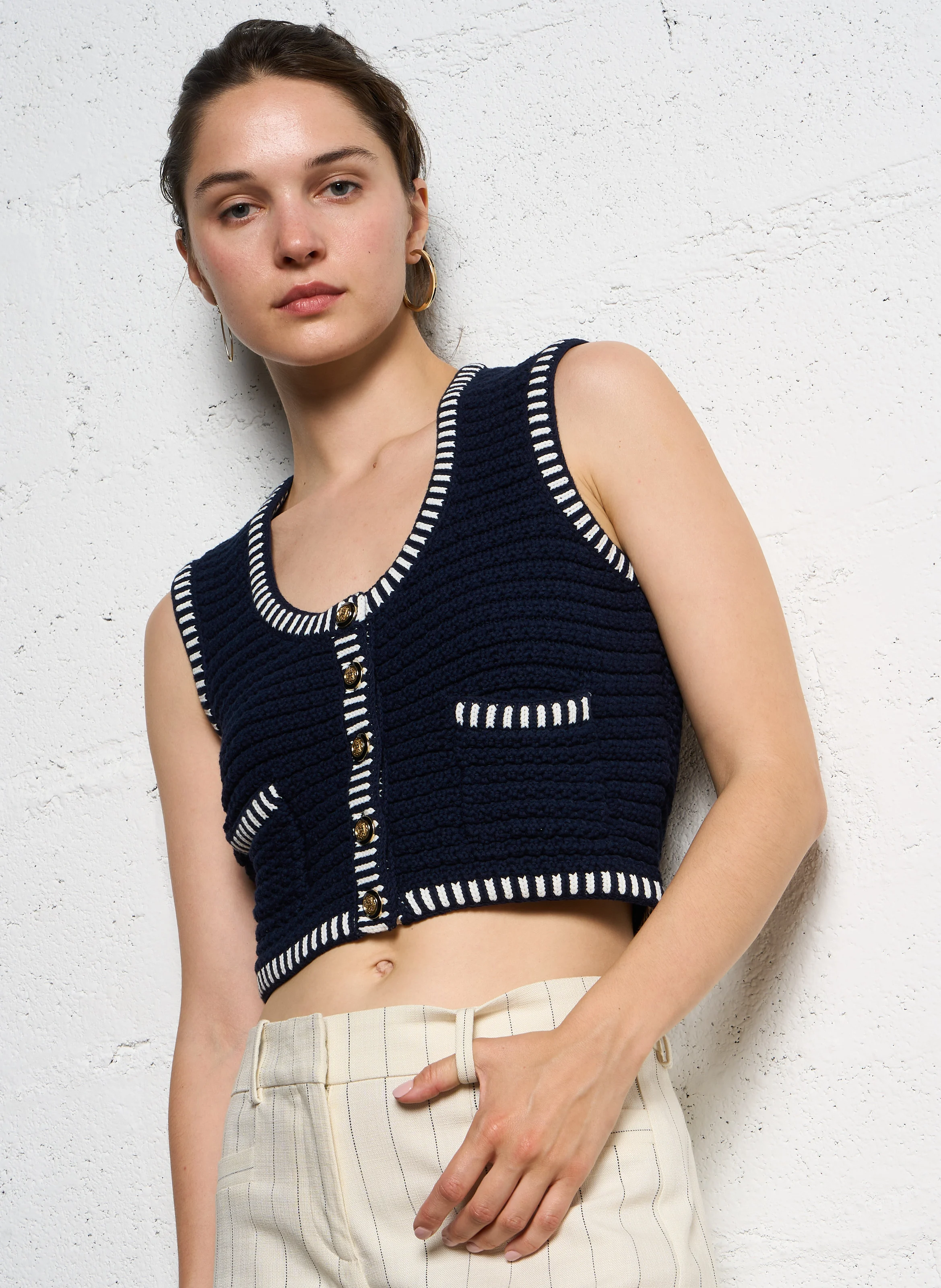 GUSTAVE - Gilet col rond en coton mélangé | Bleu
