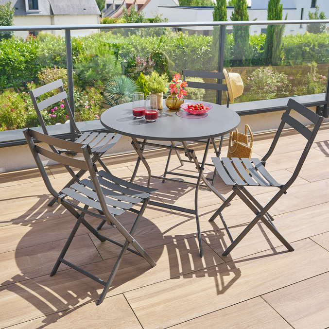Ensemble table de jardin ronde + 4 chaises empilables GREENSBORO Graphite