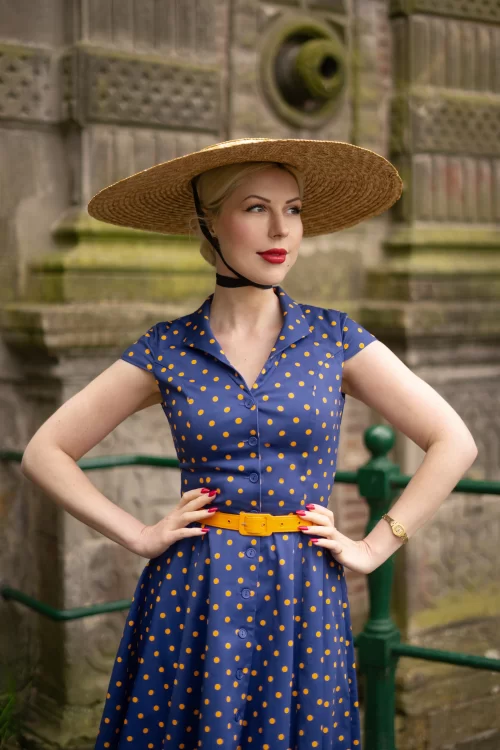 Topvintage Boutique Collection Topvintage exclusive ~ Angie Polkadot swing jurk in blauw en geel