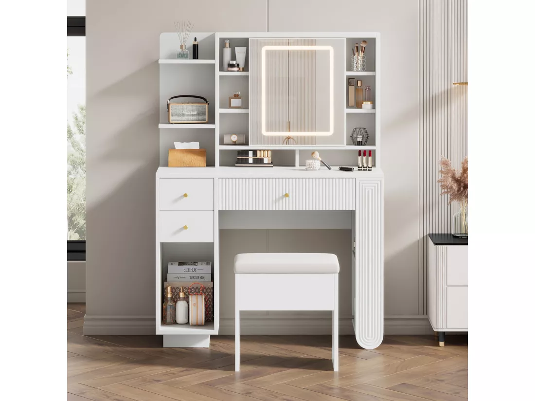 Coiffeuse avec 3 tiroirs, étagères ouvertes, miroir et tabouret - 100 x 40 x 138 cm - LEDs - Panneau de particules - Blanc
