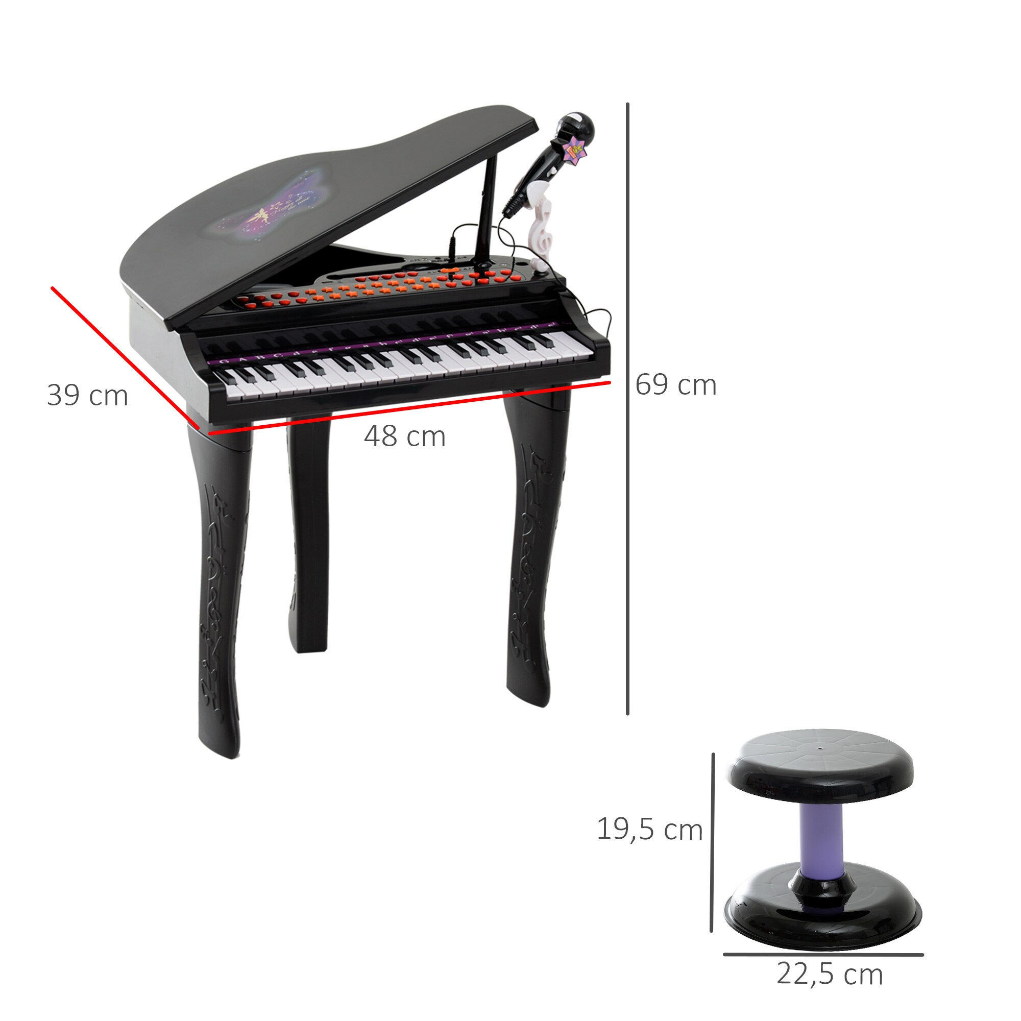 HOMCOM Kinderklavier inklusive Hocker 48 x 39 x 69 cm (LxBxH)