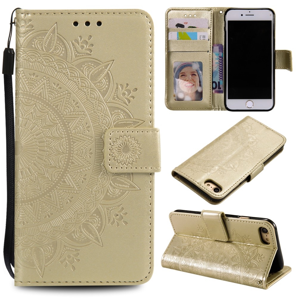 iPhone SE (2022/2020) / 8 / 7 / 6S Leder Tasche Wallet - Mandala Flowers Imprint - Gold