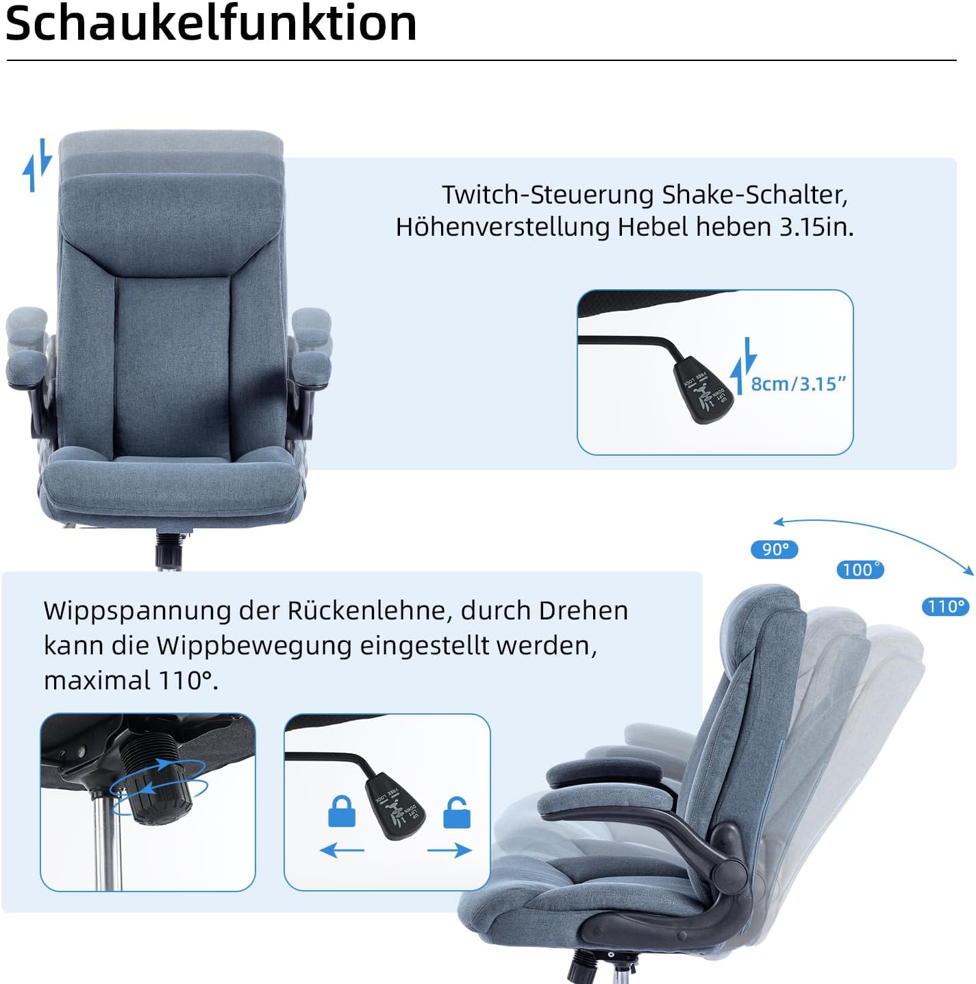 Ergonomischer Bürostuhl Computerstuhl Schreibtischstuhl Drehbarer Arbeitsstuhl mit hochklappbarer Armlehne, höhenverstellbar, Bequem für Büro Heim Gaming (Navy blau) LL1087676