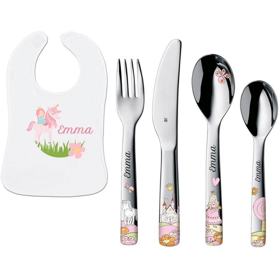 Schnullireich Geschenkset mit Namen WMF Kinderbesteck Anneli + Baby Lätzchen Einhorn Silber