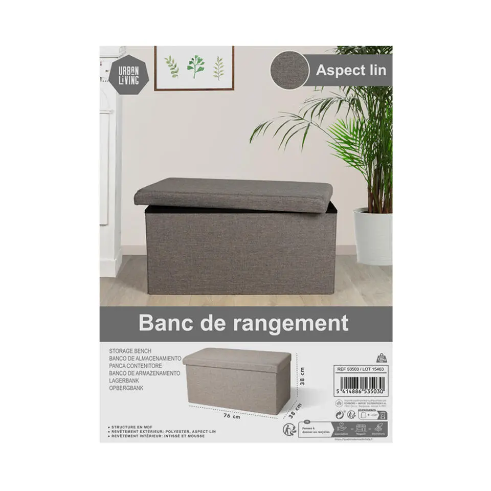 Urban Living poef/hocker/opbergbox - grijs - mdf - 76 x 38 x 38 cm