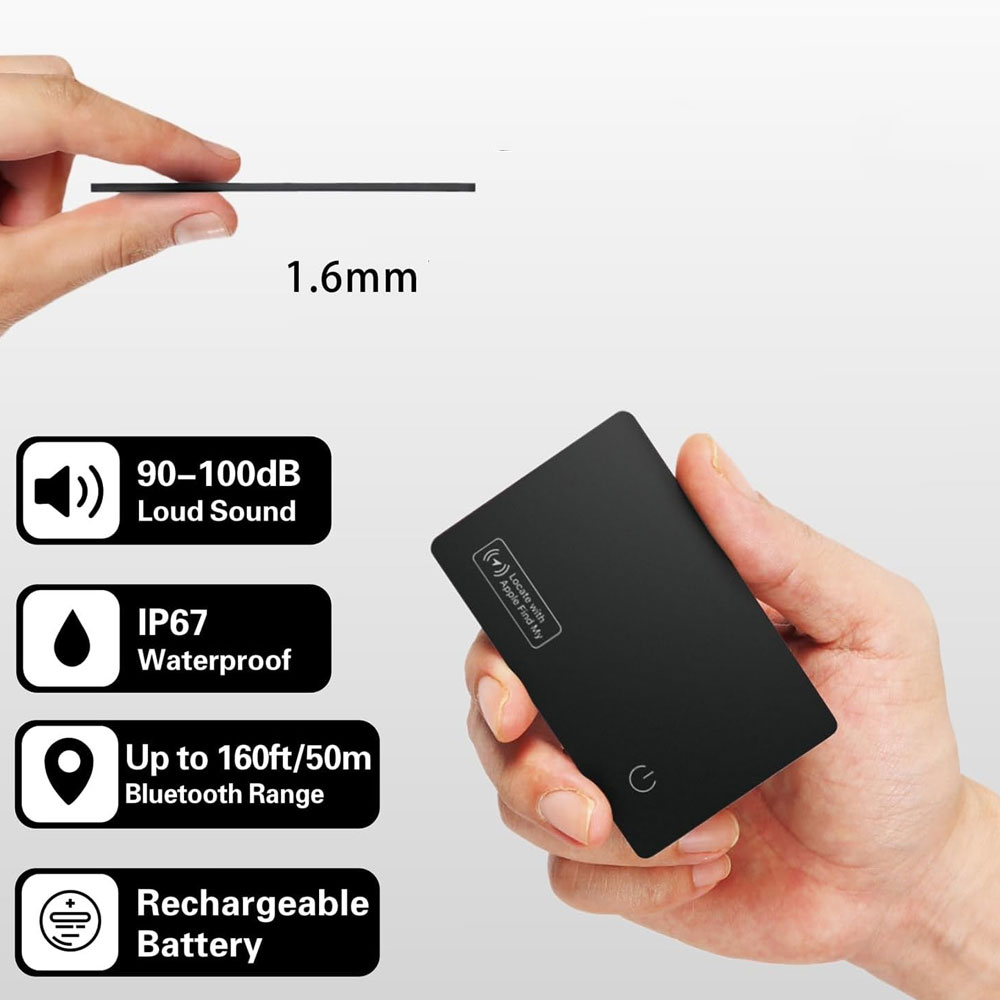 Wallet Bluetooth Keyfinder Smart Tracker Tag Card Karte für iOS mit Apple Find My Network und Wireless Charging (inkl. Akku) - Schwarz