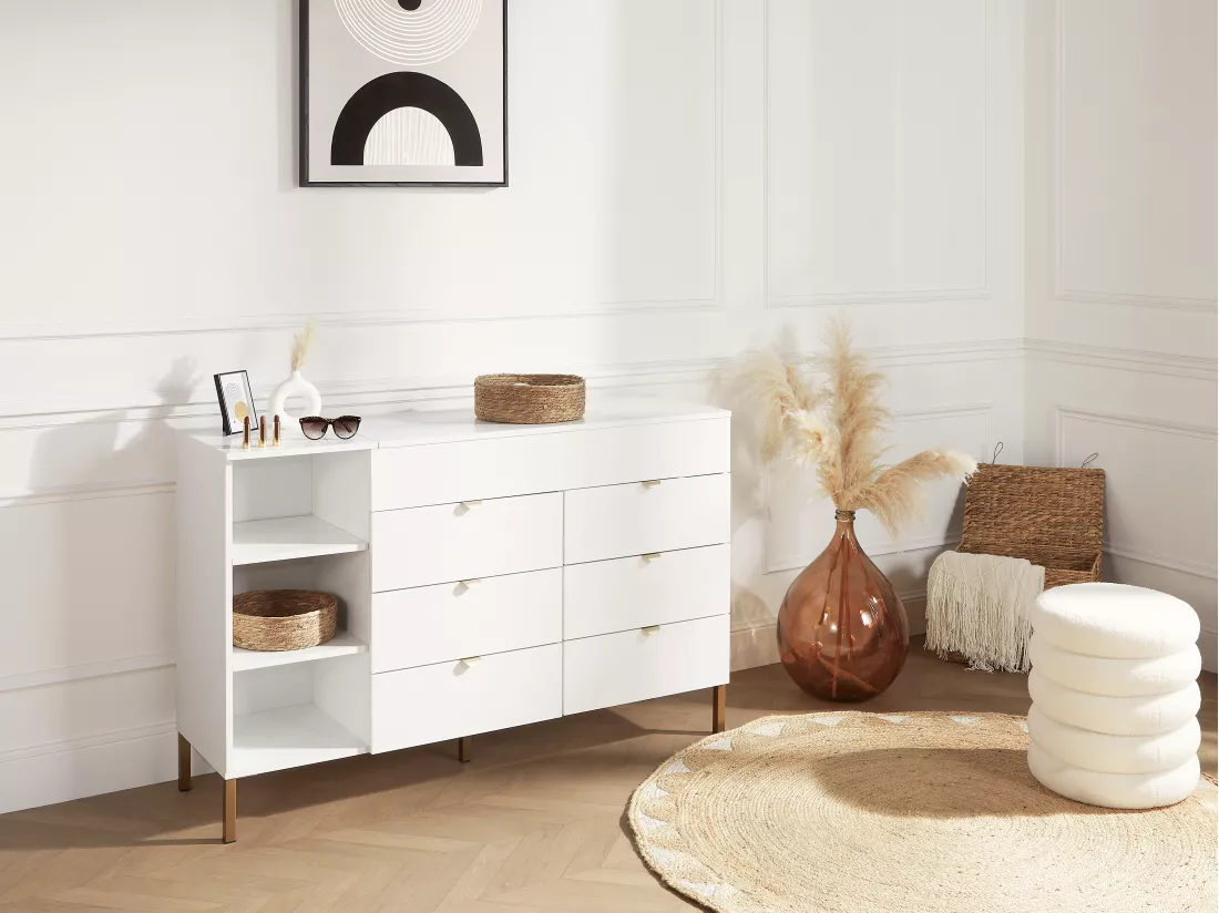 Commode 6 tiroirs, 3 niches et 1 coffre - Avec miroir - Blanc et doré - ONISHA