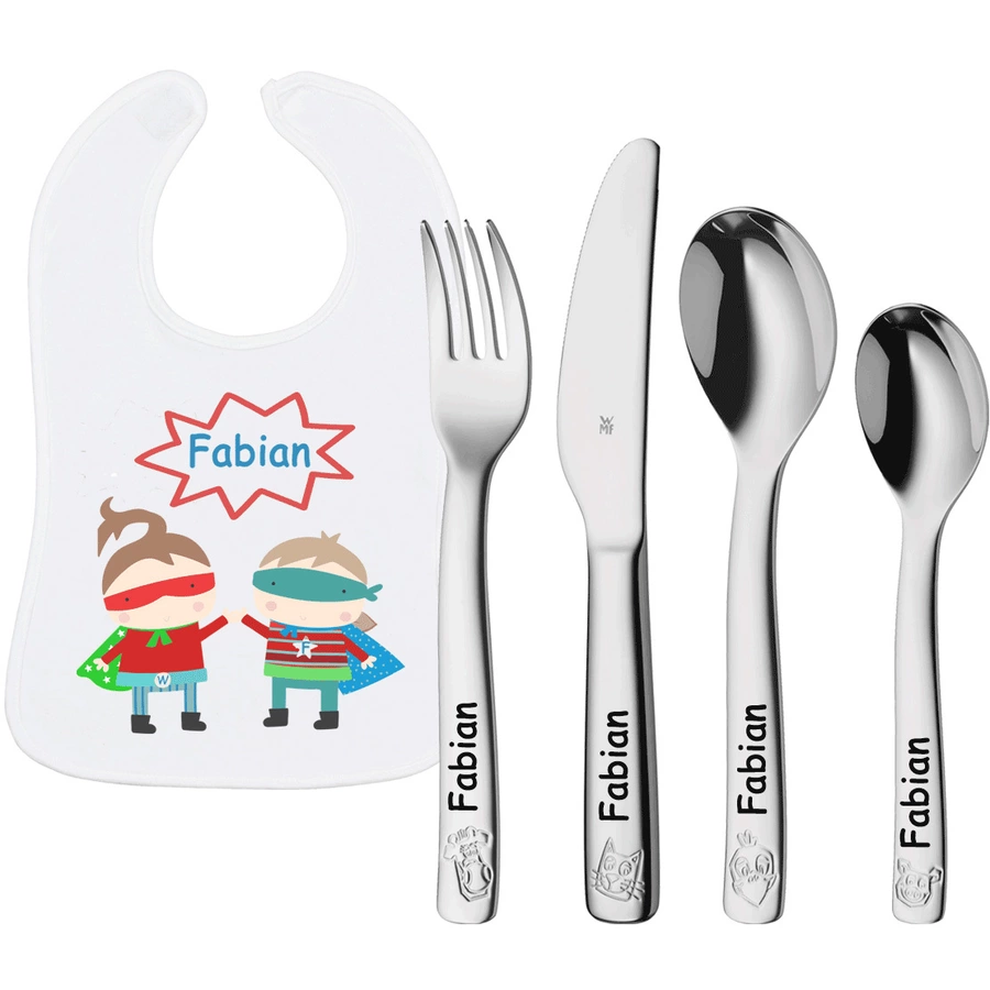 Schnullireich Geschenkset mit Namen WMF Kinderbesteck Farm + Baby Lätzchen Helden Silber